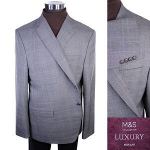 Marks & Spencer LUXURY Blazer Sport Coat Plaid Gray Size 48L Wool Suit Jacket